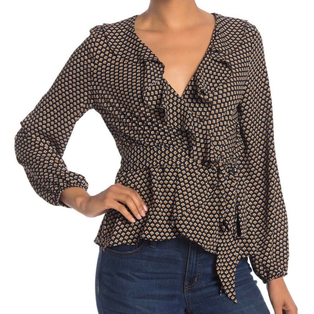 Wrap front ruffle neck blouse